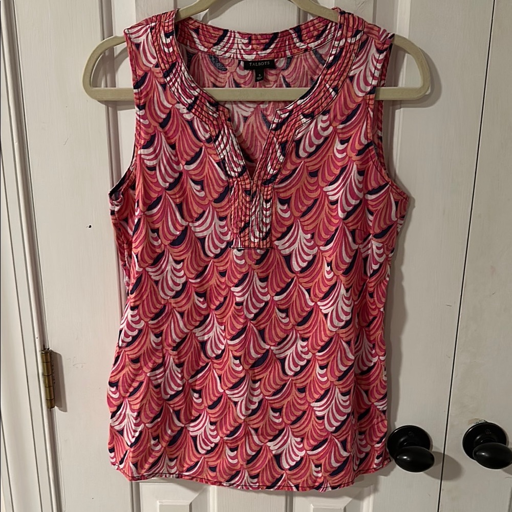 100% Linen Talbots Pink White Navy Patterned Sleeveless Blouse